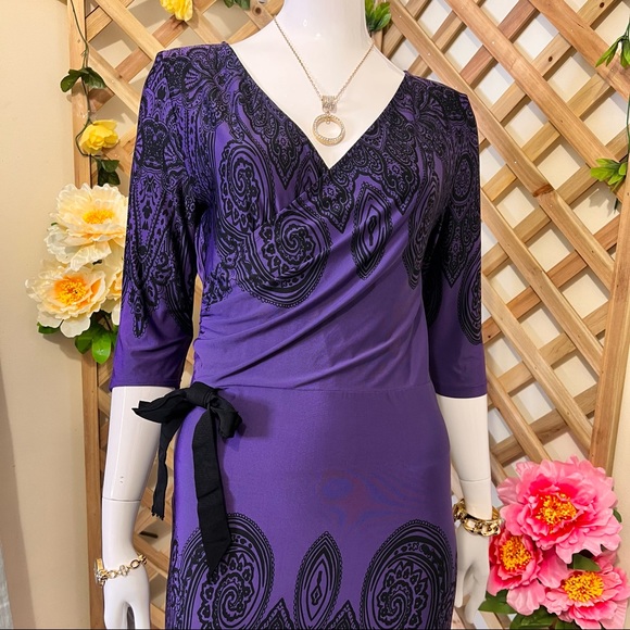 Charlie Brown V-Neck Midi 3/4 Sleeves Dress Midnight Blue Violet w Black Pattern - Picture 4 of 14